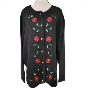 Croft & Barrow Womens Festive Black Button Cardigan Embroidered Poinsettia Sz 2X